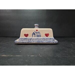 Spongeware Home Heart Butter Dish Blue Red Farmhouse Kitchen Vintage With Lid